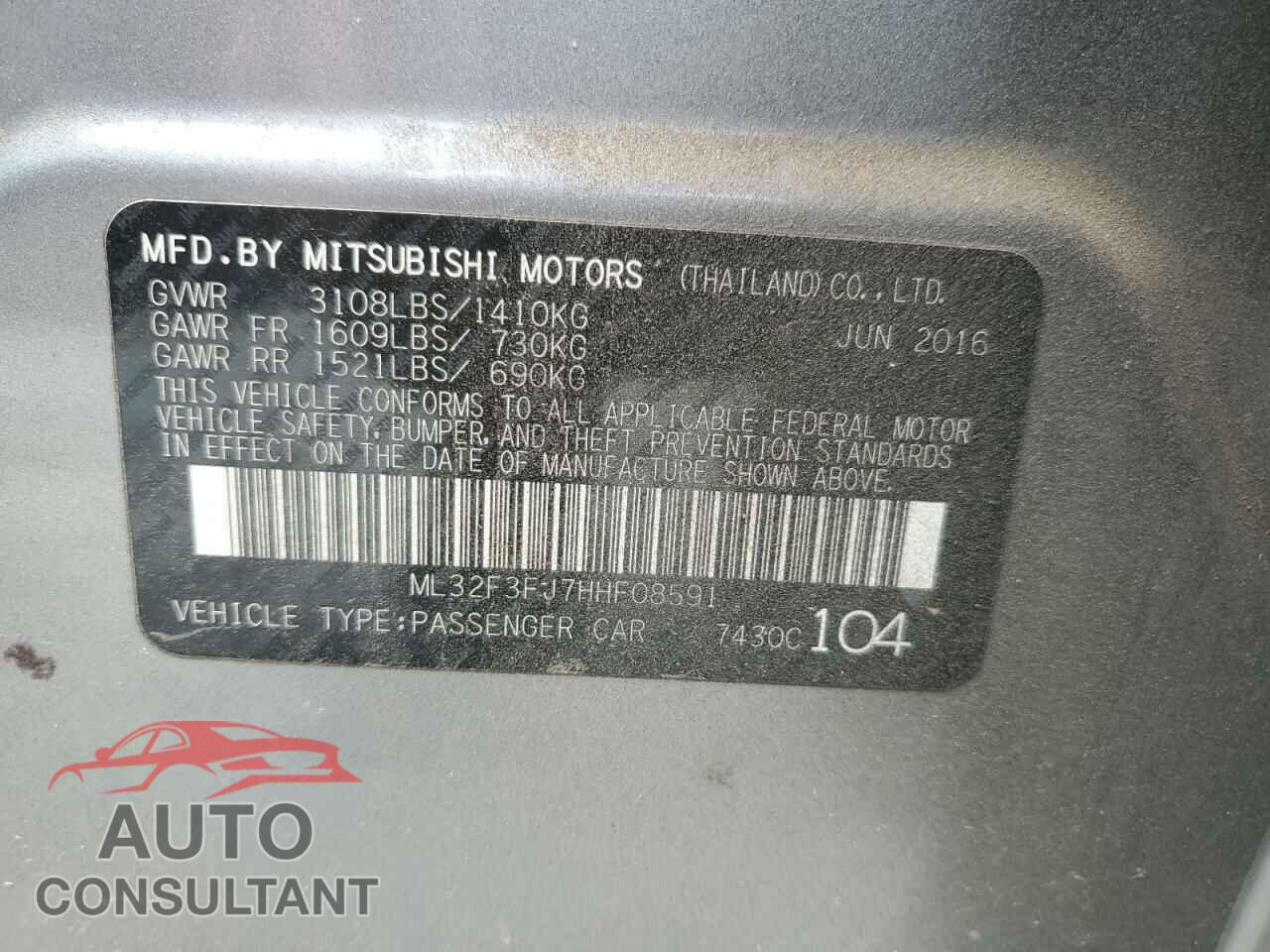 MITSUBISHI MIRAGE 2017 - ML32F3FJ7HHF08591