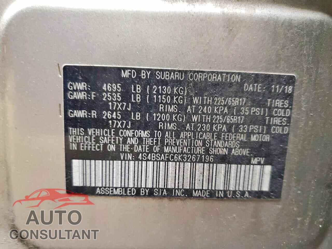 SUBARU OUTBACK 2019 - 4S4BSAFC6K3267196