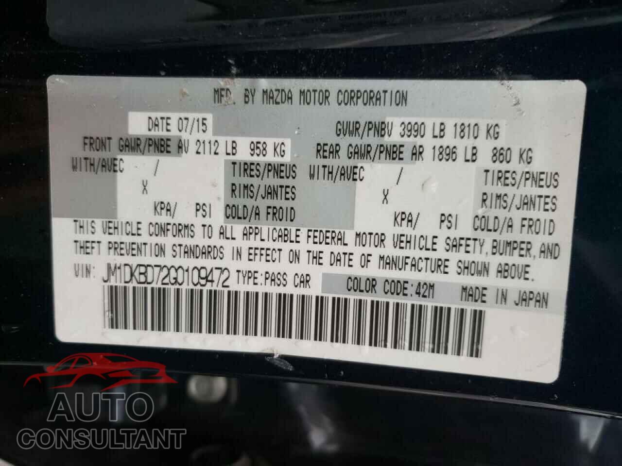 MAZDA CX-3 2016 - JM1DKBD72G0109472