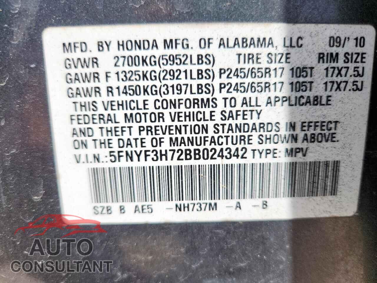 HONDA PILOT 2011 - 5FNYF3H72BB024342