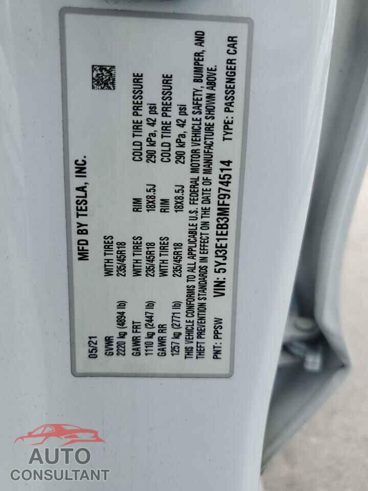 TESLA MODEL 3 2021 - 5YJ3E1EB3MF974514