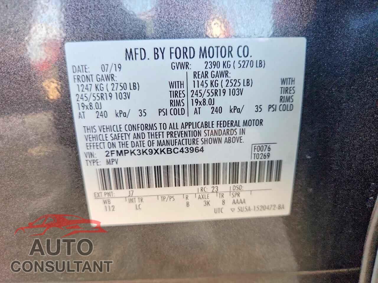 FORD EDGE 2019 - 2FMPK3K9XKBC43964