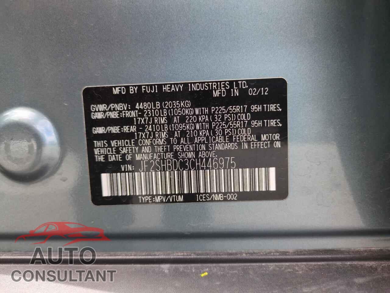 SUBARU FORESTER 2012 - JF2SHBDC3CH446975