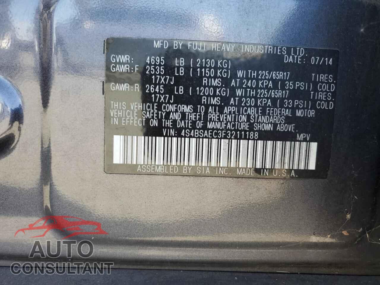 SUBARU OUTBACK 2015 - 4S4BSAEC3F3211188