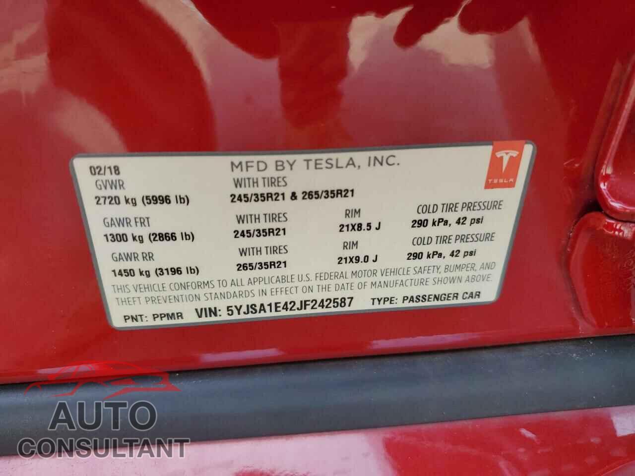 TESLA MODEL S 2018 - 5YJSA1E42JF242587