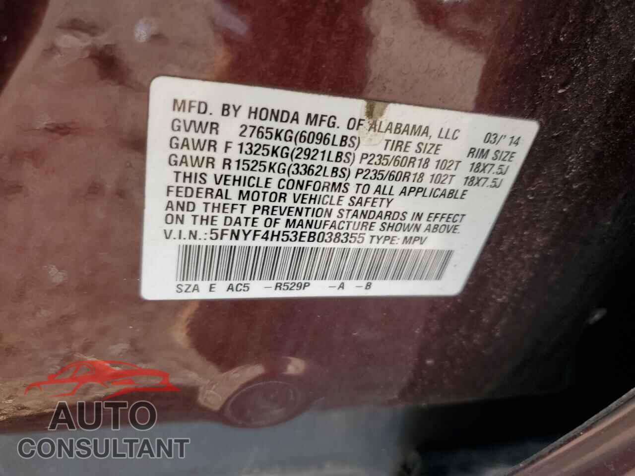 HONDA PILOT 2014 - 5FNYF4H53EB038355