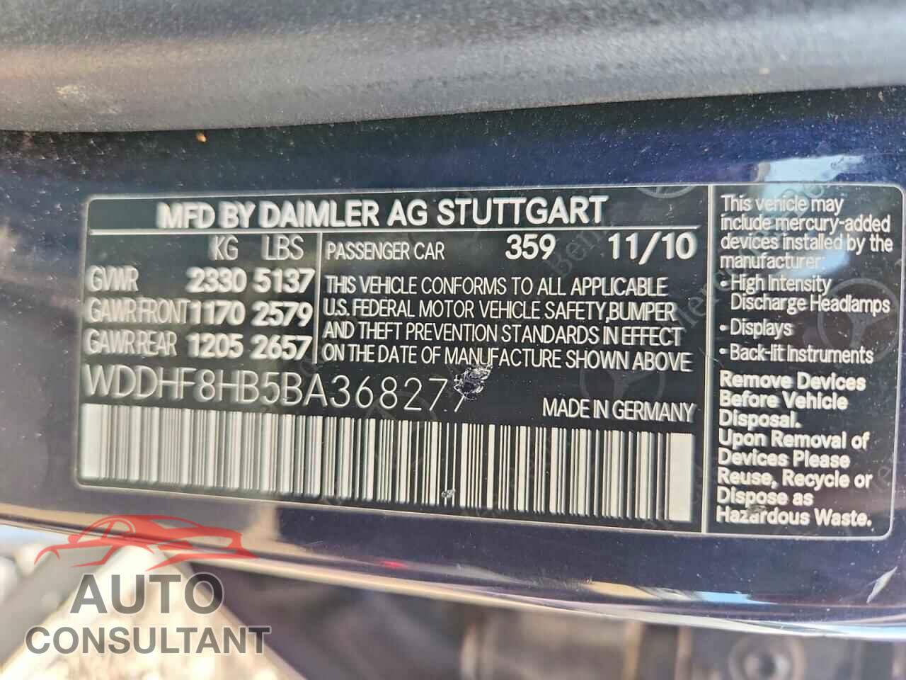MERCEDES-BENZ E-CLASS 2011 - WDDHF8HB5BA368277