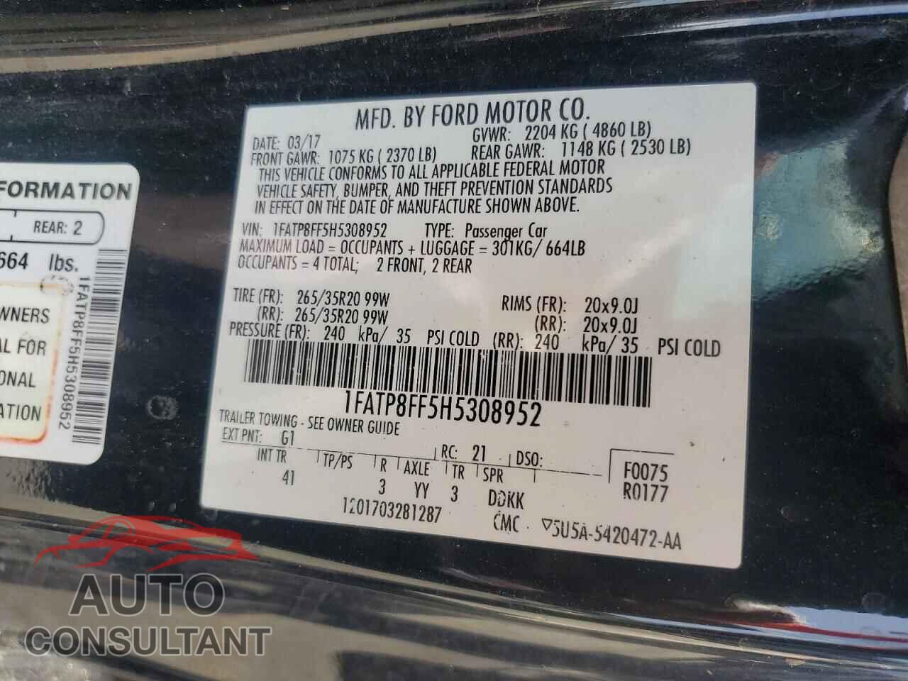 FORD MUSTANG 2017 - 1FATP8FF5H5308952