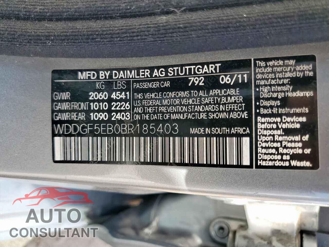 MERCEDES-BENZ C-CLASS 2011 - WDDGF5EB0BR185403
