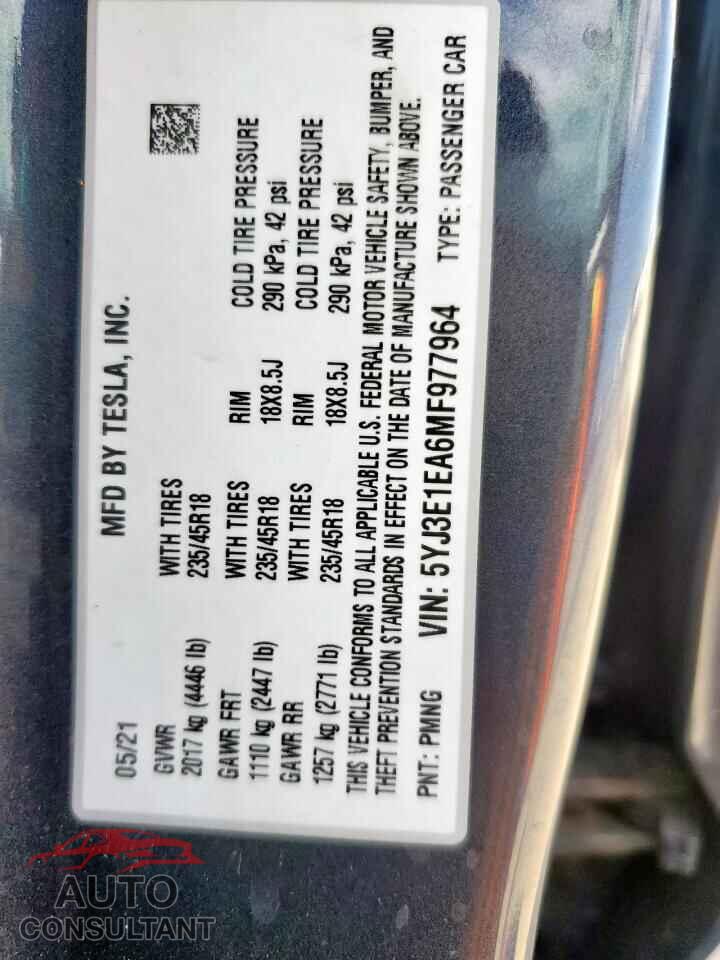 TESLA MODEL 3 2021 - 5YJ3E1EA6MF977964