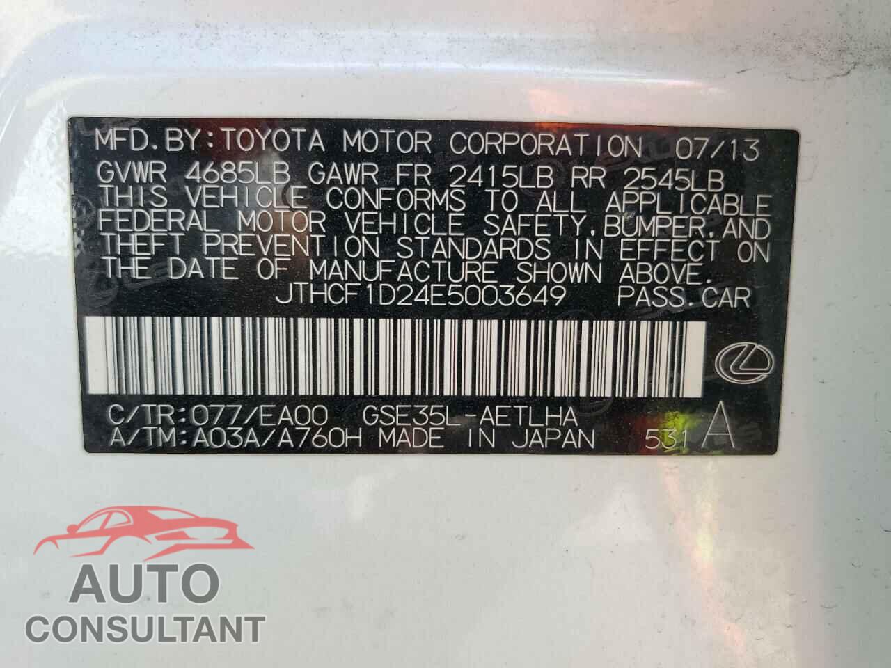 LEXUS IS 2014 - JTHCF1D24E5003649