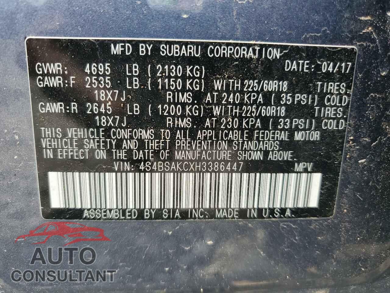 SUBARU OUTBACK 2017 - 4S4BSAKCXH3386447