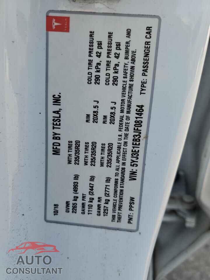 TESLA MODEL 3 2018 - 5YJ3E1EB3JF081464