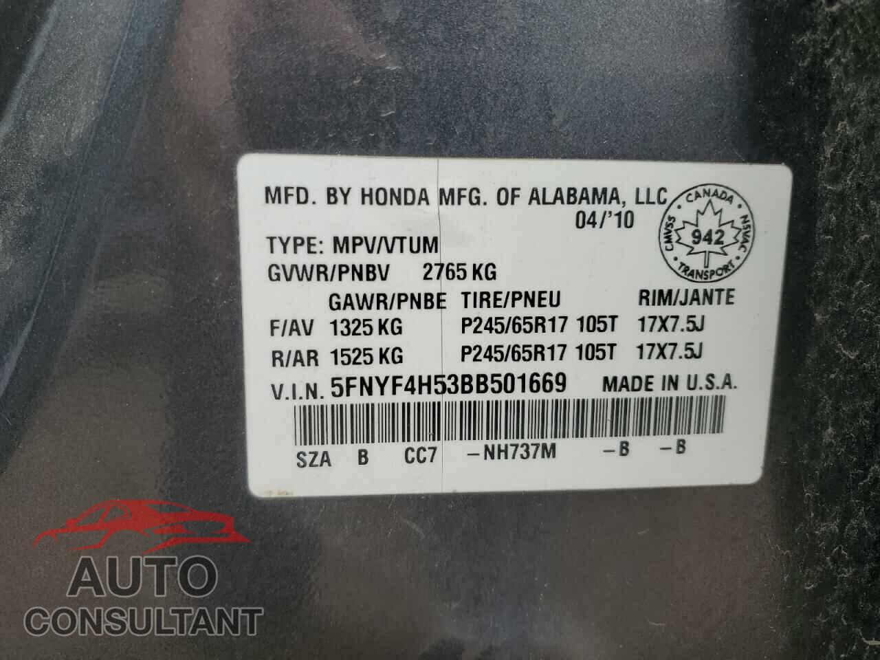 HONDA PILOT 2011 - 5FNYF4H53BB501669