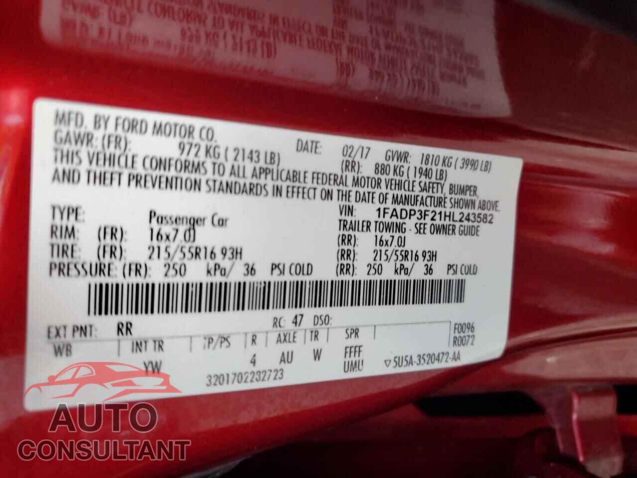 FORD FOCUS 2017 - 1FADP3F21HL243582