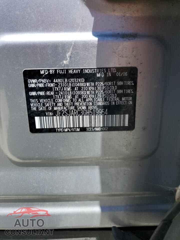 SUBARU FORESTER 2016 - JF2SJARC3GH519954