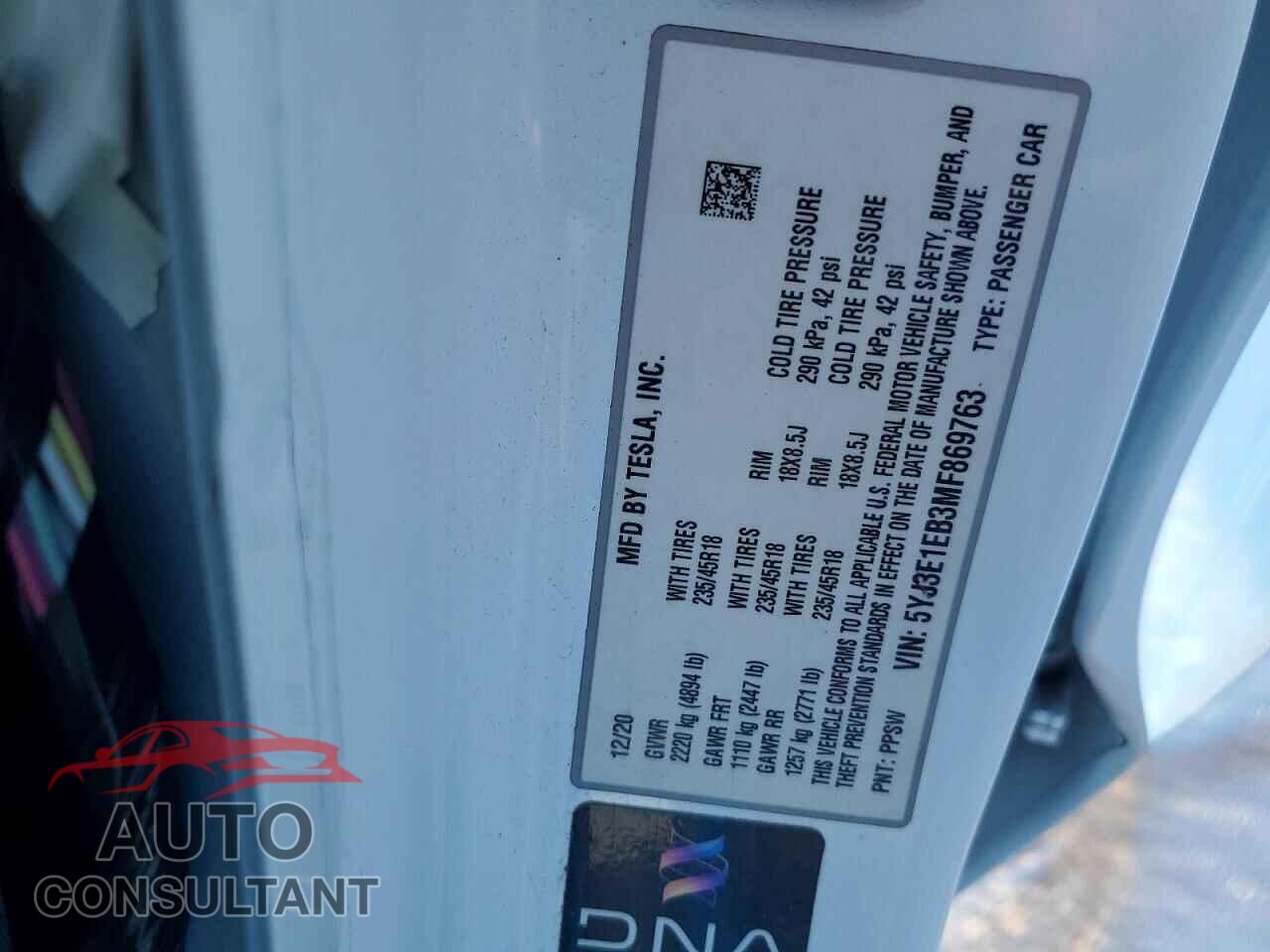 TESLA MODEL 3 2021 - 5YJ3E1EB3MF869763