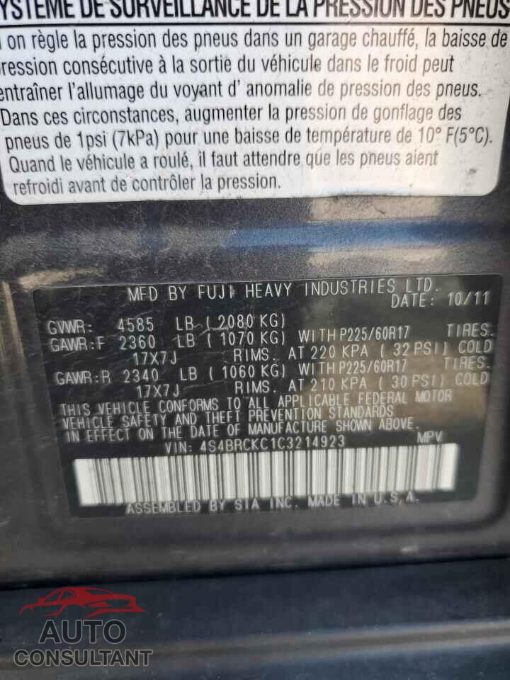 SUBARU OUTBACK 2012 - 4S4BRCKC1C3214923