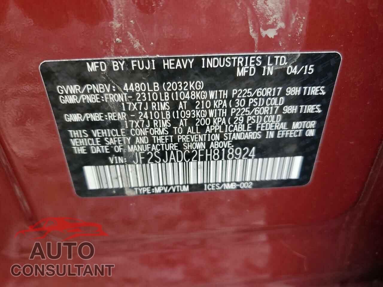 SUBARU FORESTER 2015 - JF2SJADC2FH818924
