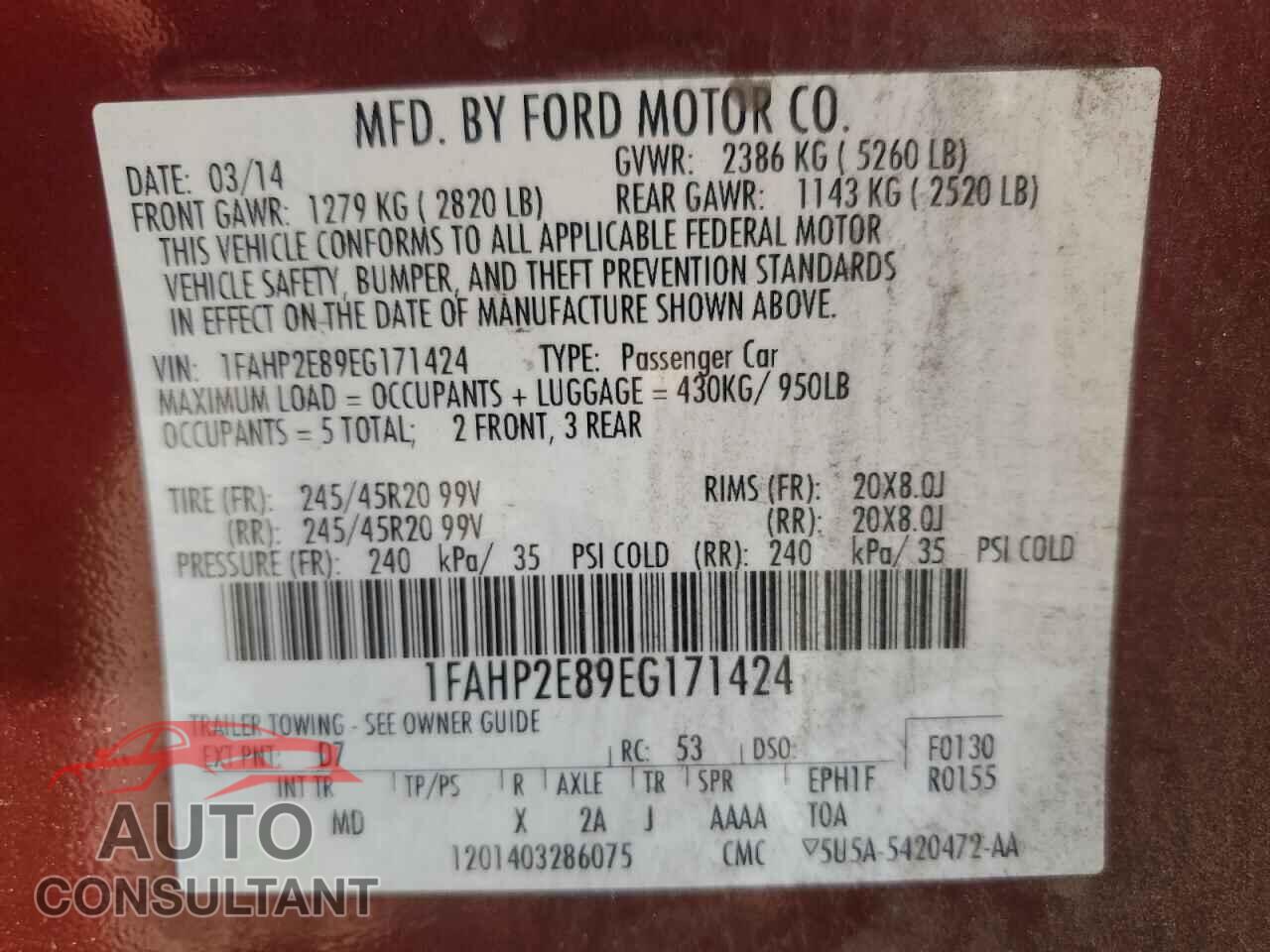 FORD TAURUS 2014 - 1FAHP2E89EG171424