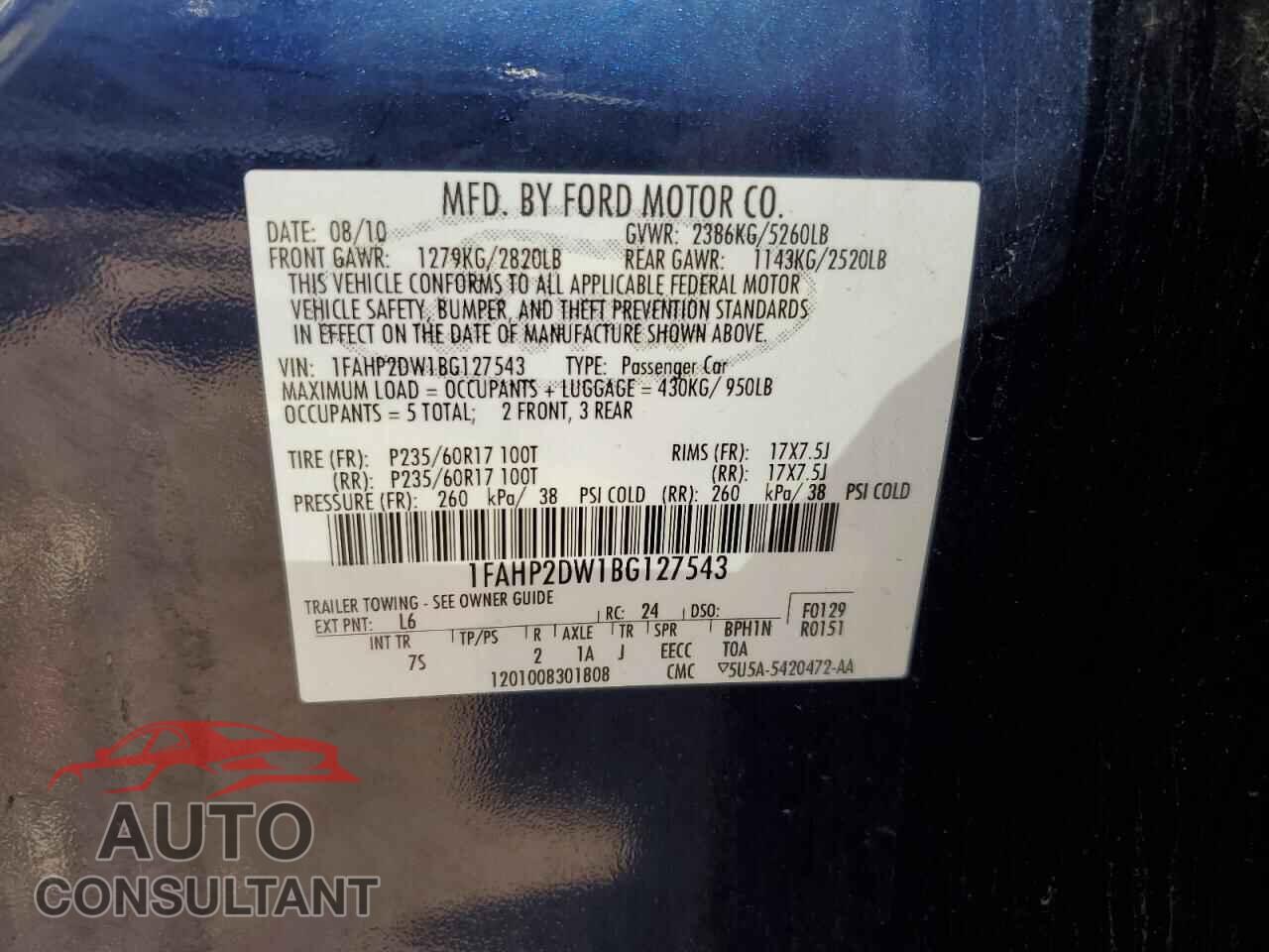 FORD TAURUS 2011 - 1FAHP2DW1BG127543