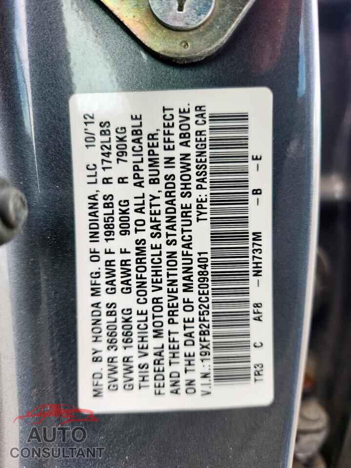 HONDA CIVIC 2012 - 19XFB2F52CE098401