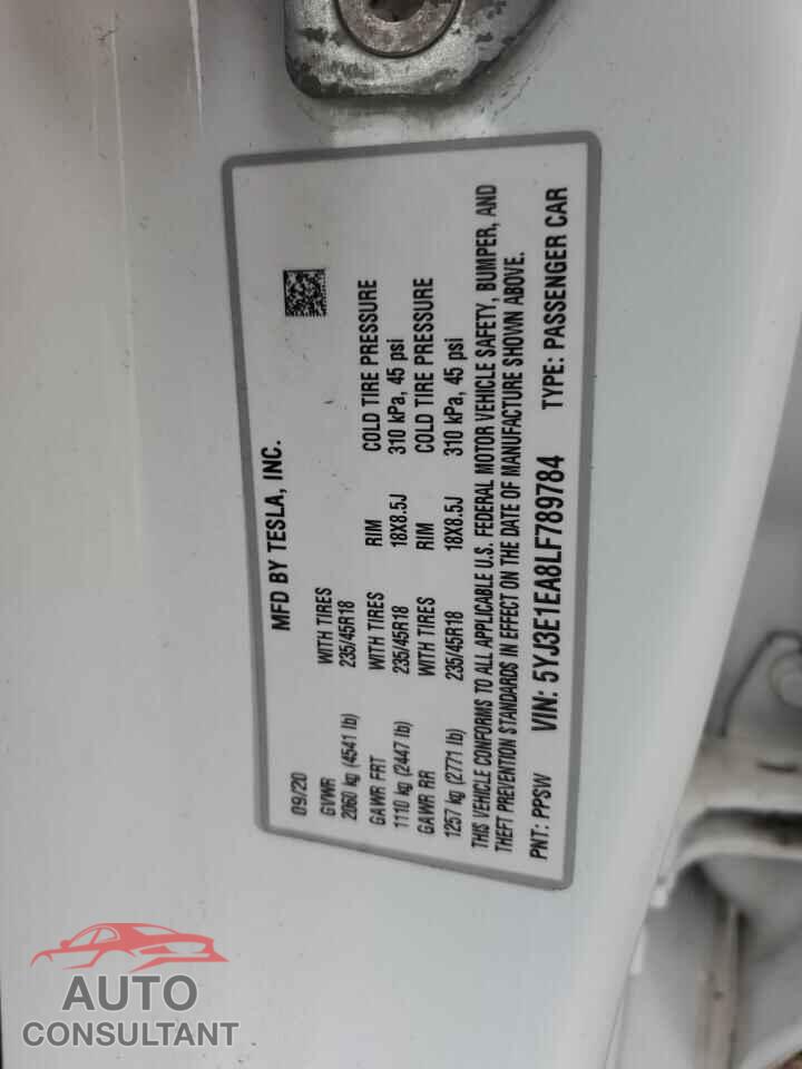 TESLA MODEL 3 2020 - 5YJ3E1EA8LF789784