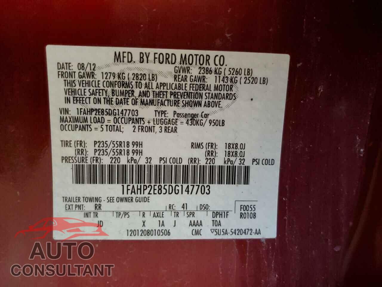 FORD TAURUS 2013 - 1FAHP2E85DG147703
