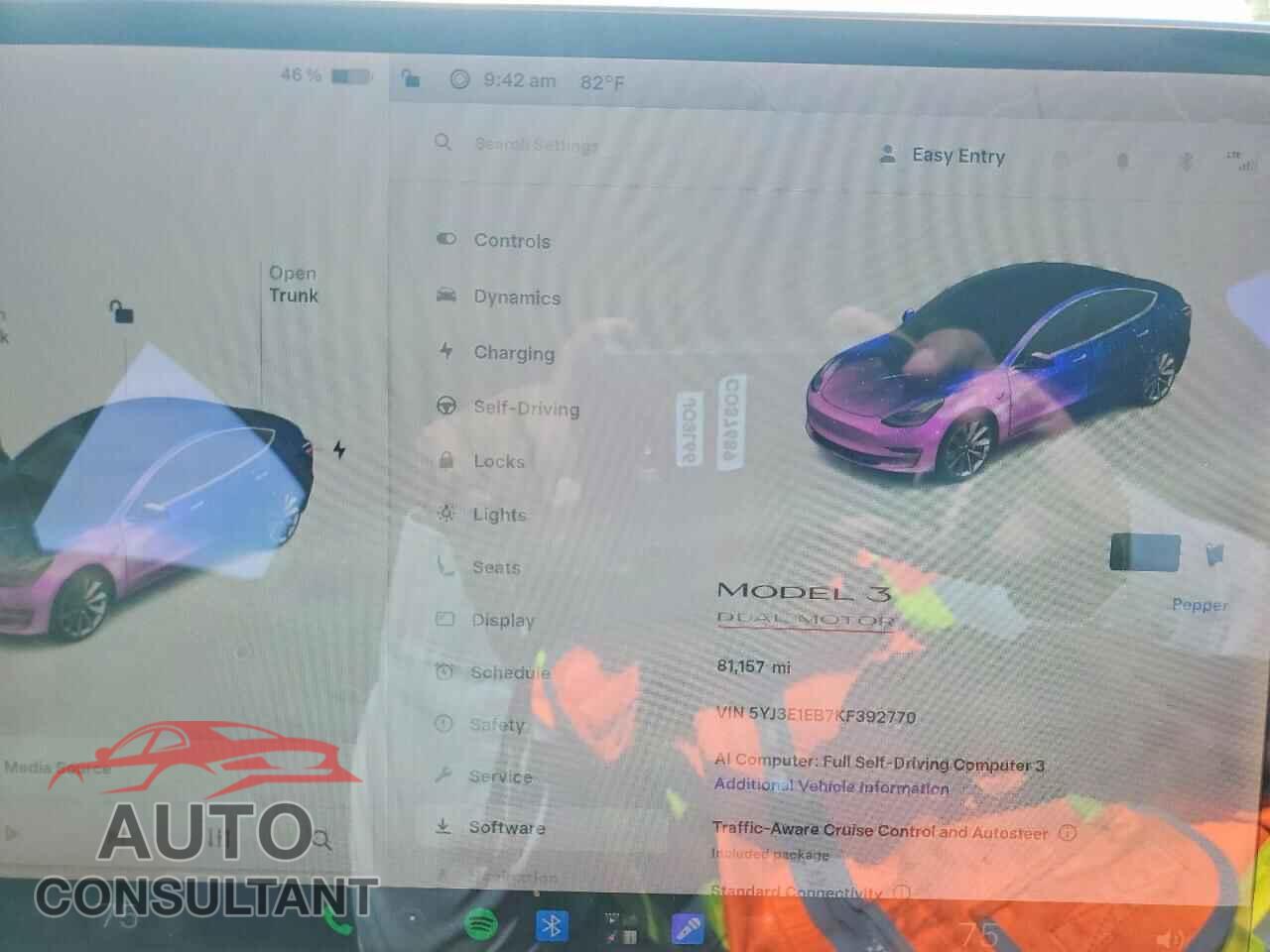 TESLA MODEL 3 2019 - 5YJ3E1EB7KF392770