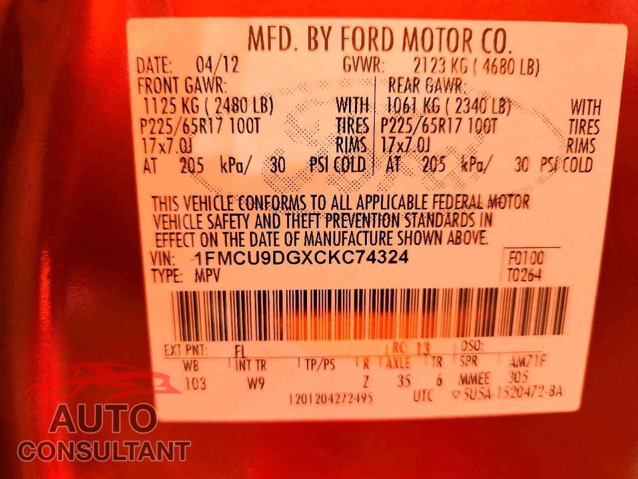 FORD ESCAPE 2012 - 1FMCU9DGXCKC74324