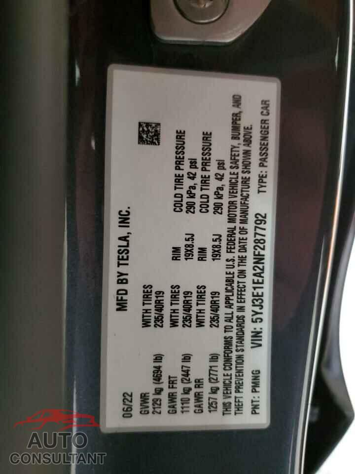 TESLA MODEL 3 2022 - 5YJ3E1EA2NF287792