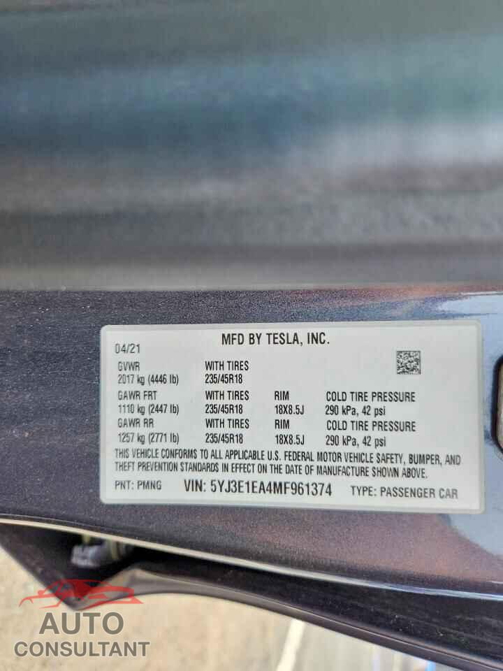 TESLA MODEL 3 2021 - 5YJ3E1EA4MF961374