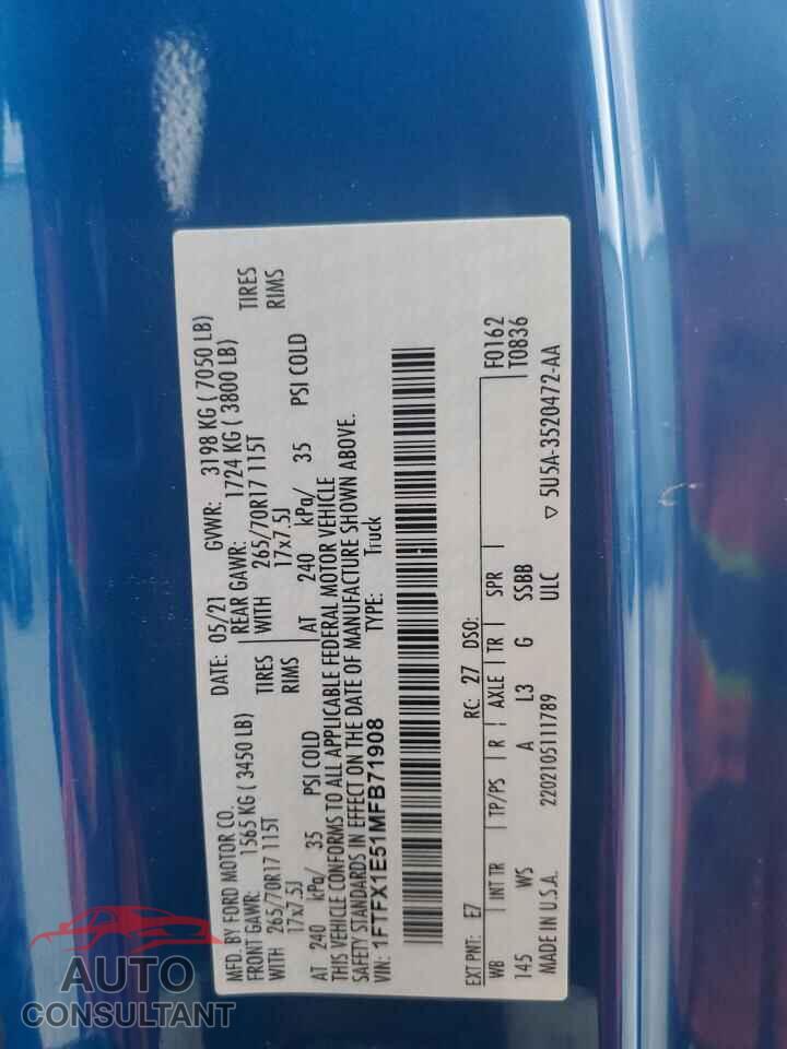 FORD F-150 2021 - 1FTFX1E51MFB71908