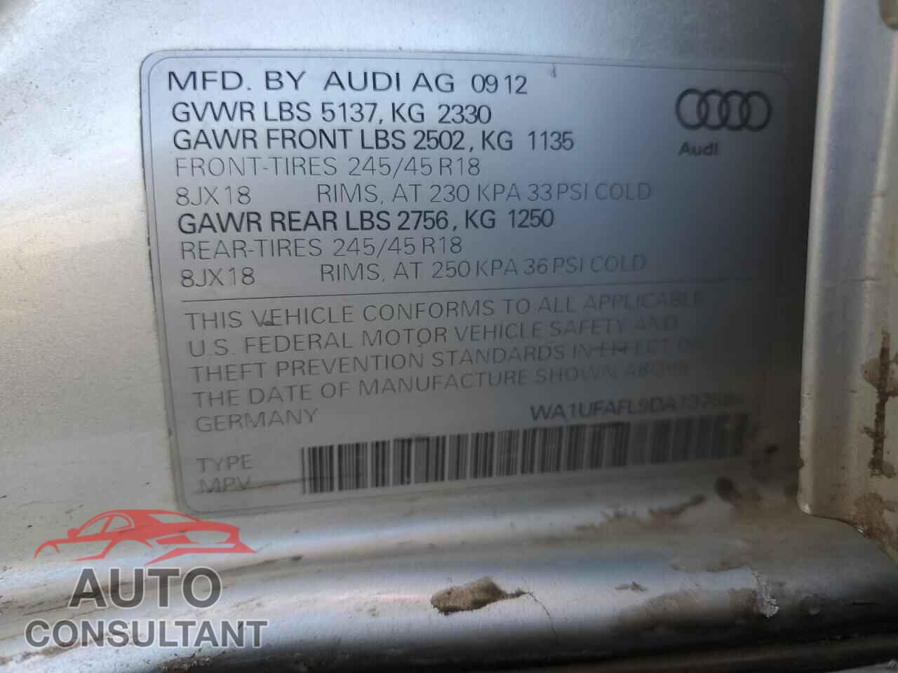 AUDI A4 2013 - WA1UFAFL9DA137584