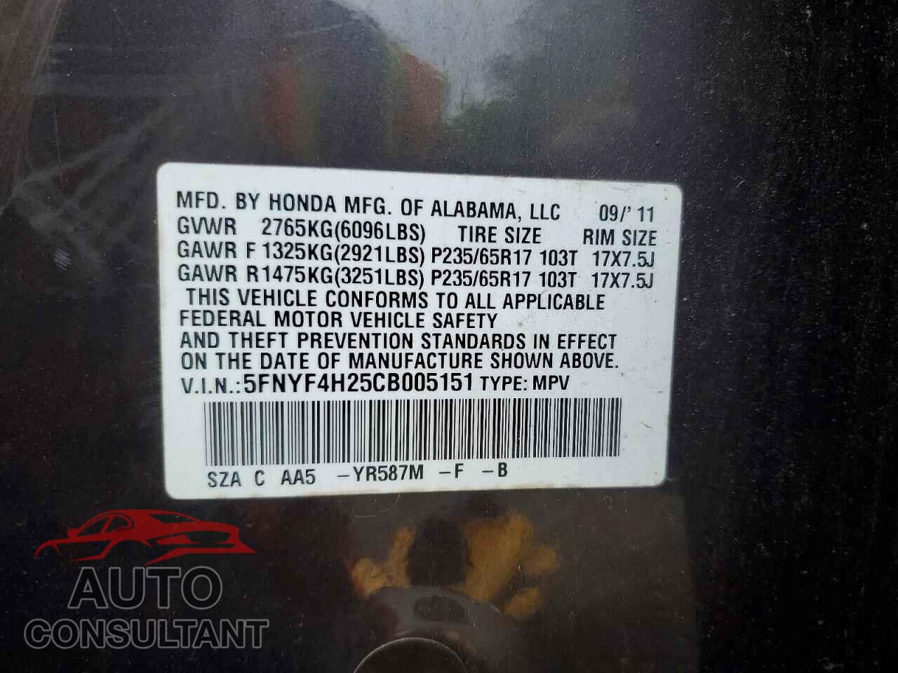 HONDA PILOT 2012 - 5FNYF4H25CB005151