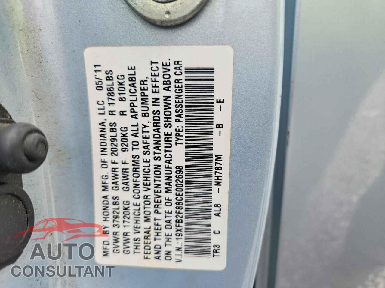 HONDA CIVIC 2012 - 19XFB2F88CE002698