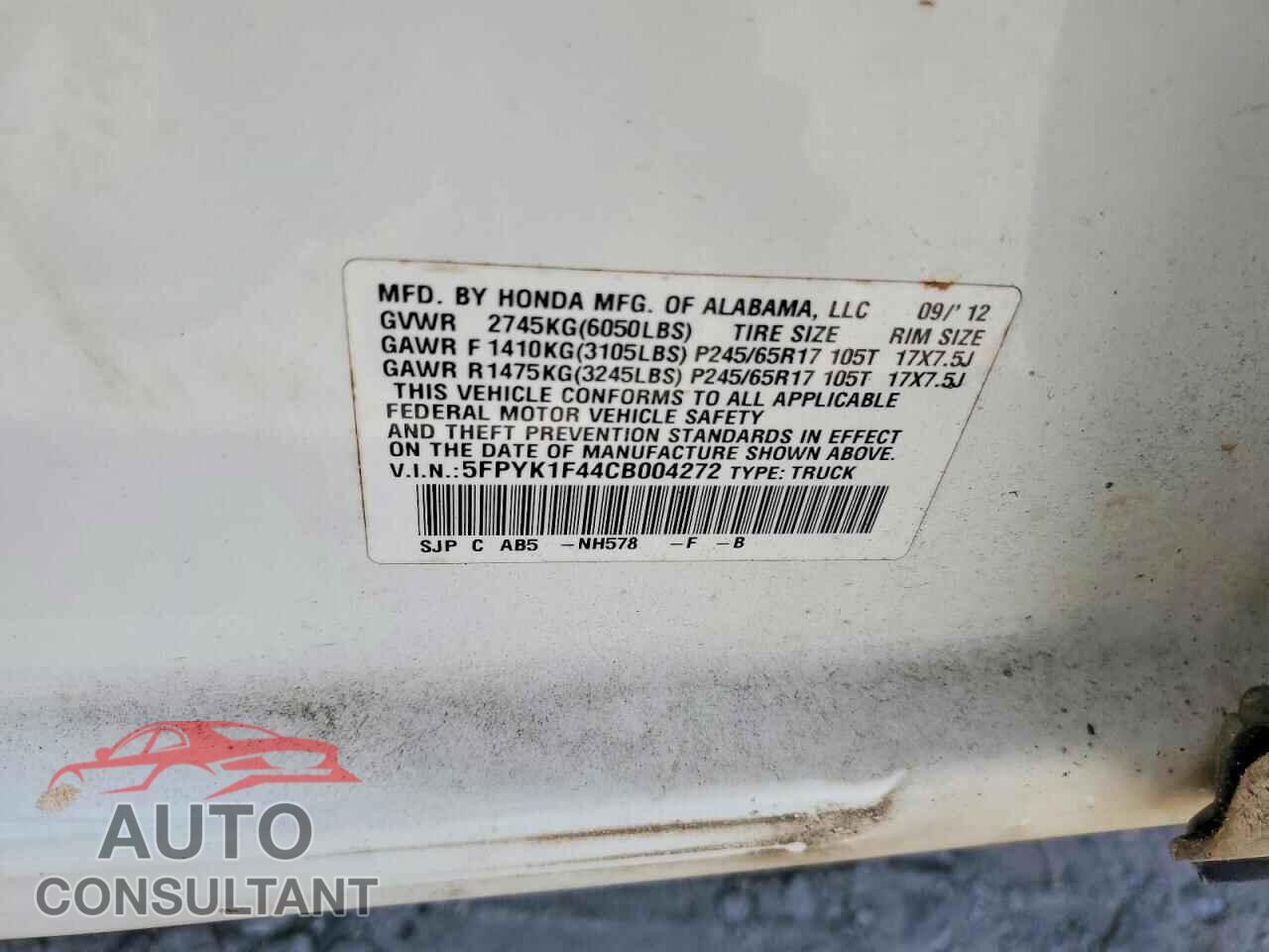HONDA RIDGELINE 2012 - 5FPYK1F44CB004272