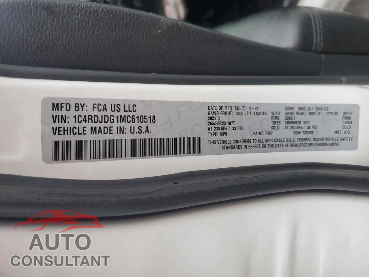 DODGE DURANGO 2021 - 1C4RDJDG1MC610518