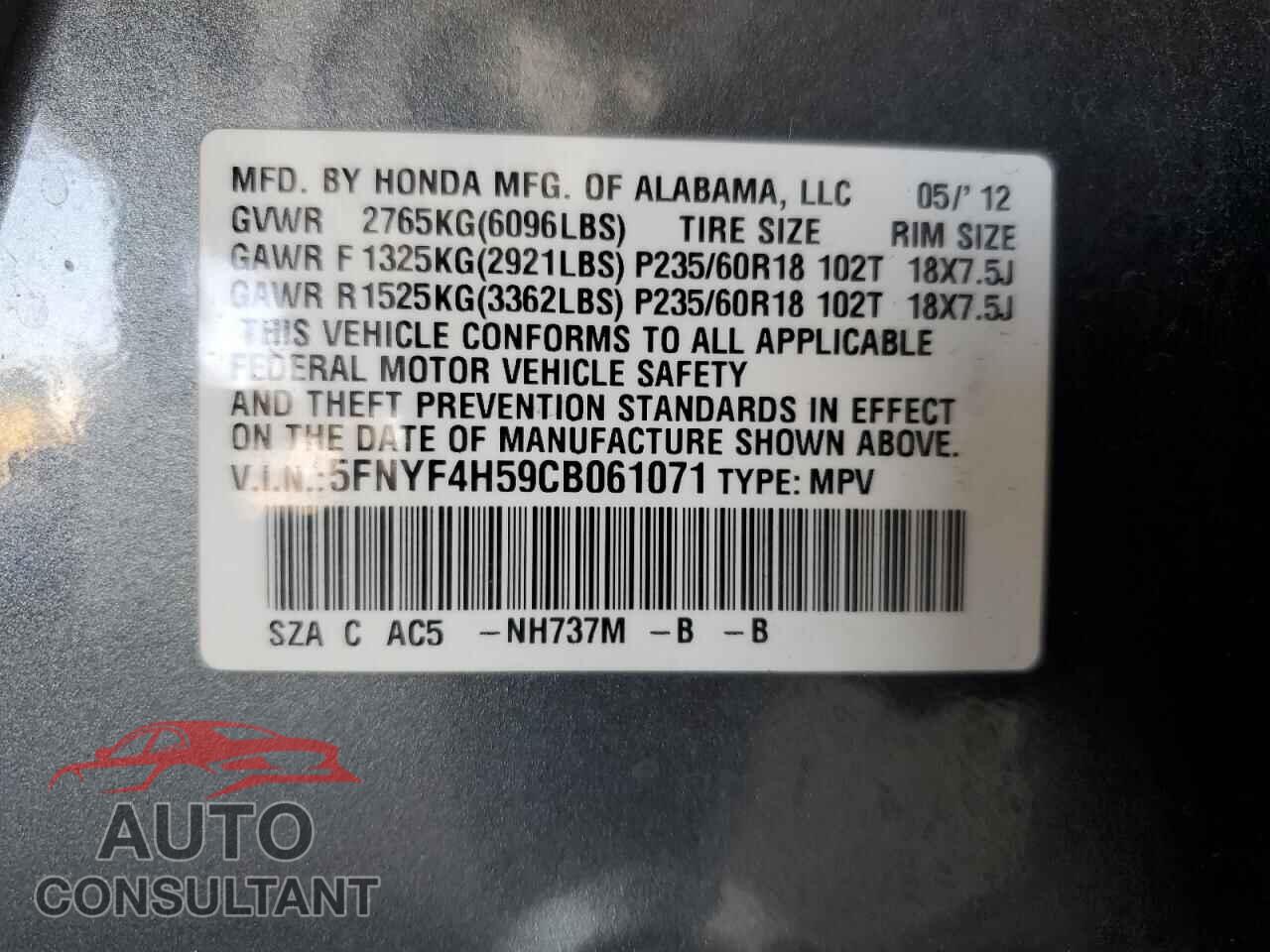 HONDA PILOT 2012 - 5FNYF4H59CB061071