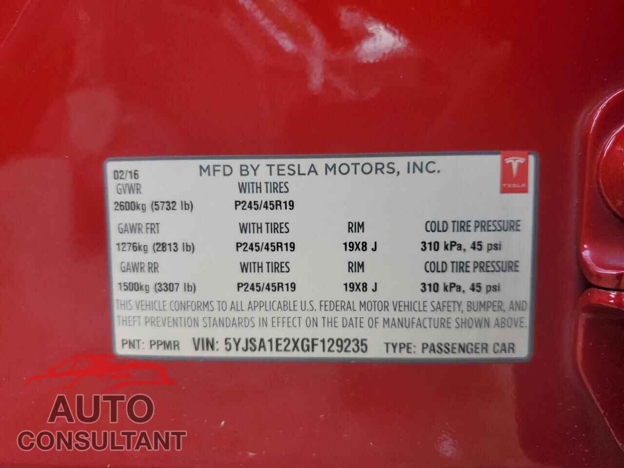 TESLA MODEL S 2016 - 5YJSA1E2XGF129235