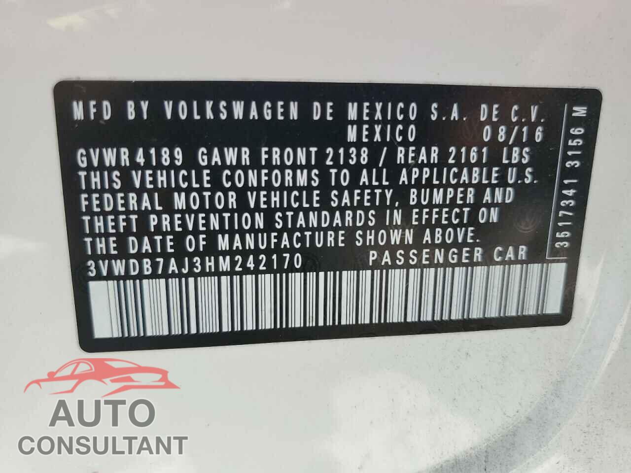 VOLKSWAGEN JETTA 2017 - 3VWDB7AJ3HM242170