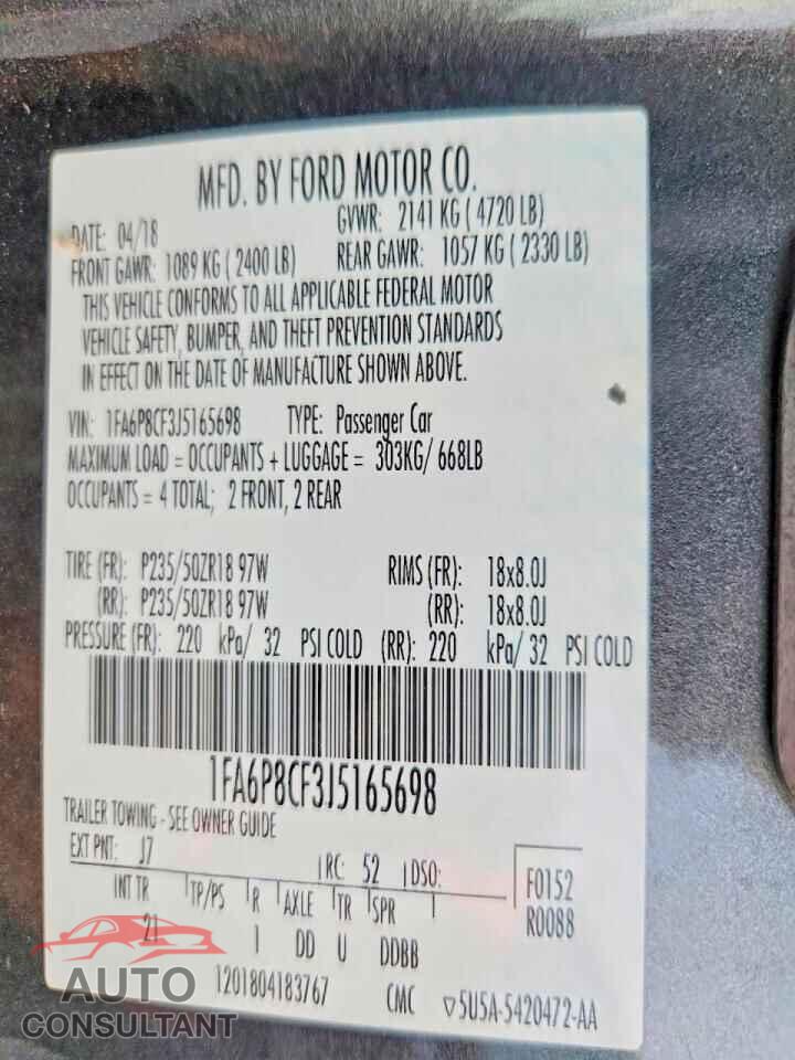 FORD MUSTANG 2018 - 1FA6P8CF3J5165698