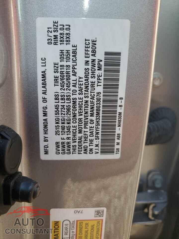 HONDA PILOT 2021 - 5FNYF5H33MB033076