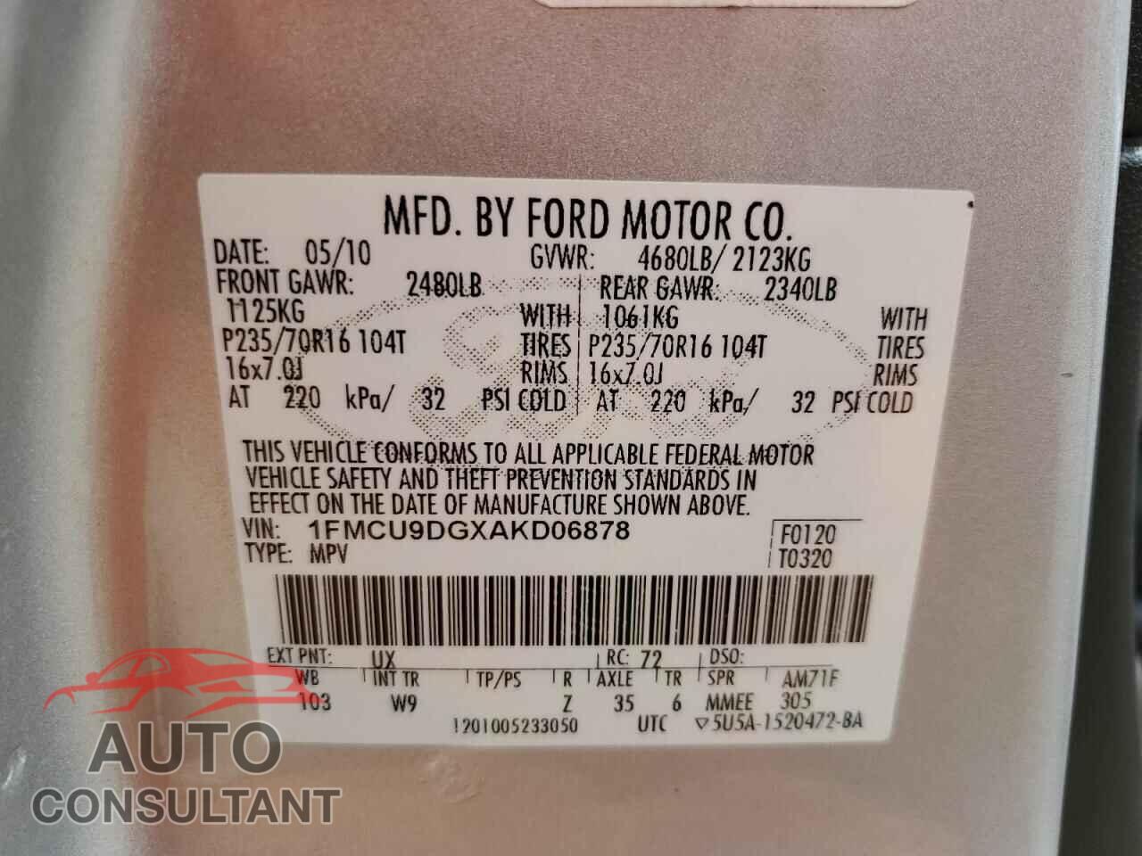 FORD ESCAPE 2010 - 1FMCU9DGXAKD06878