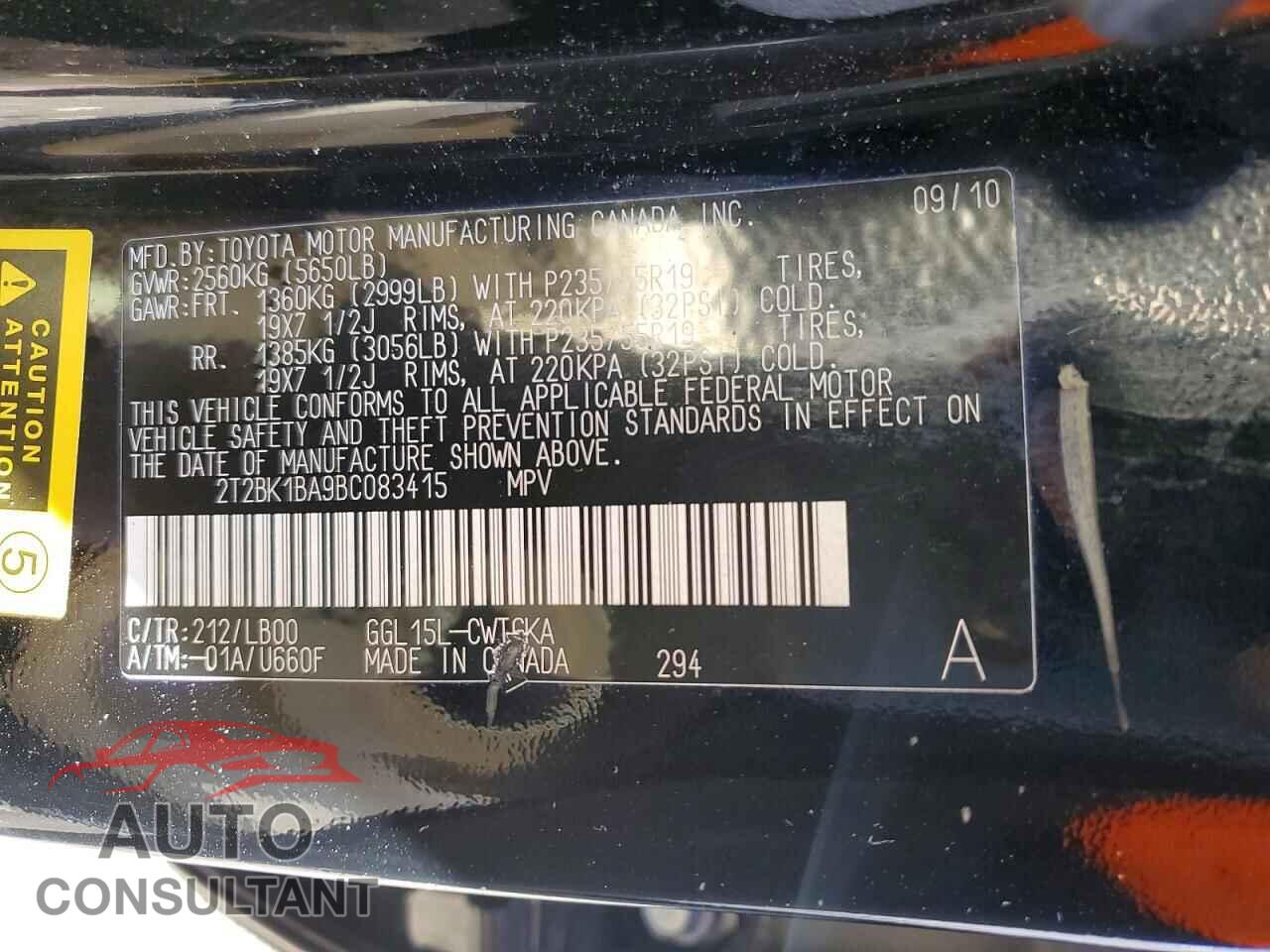 LEXUS RX350 2011 - 2T2BK1BA9BC083415