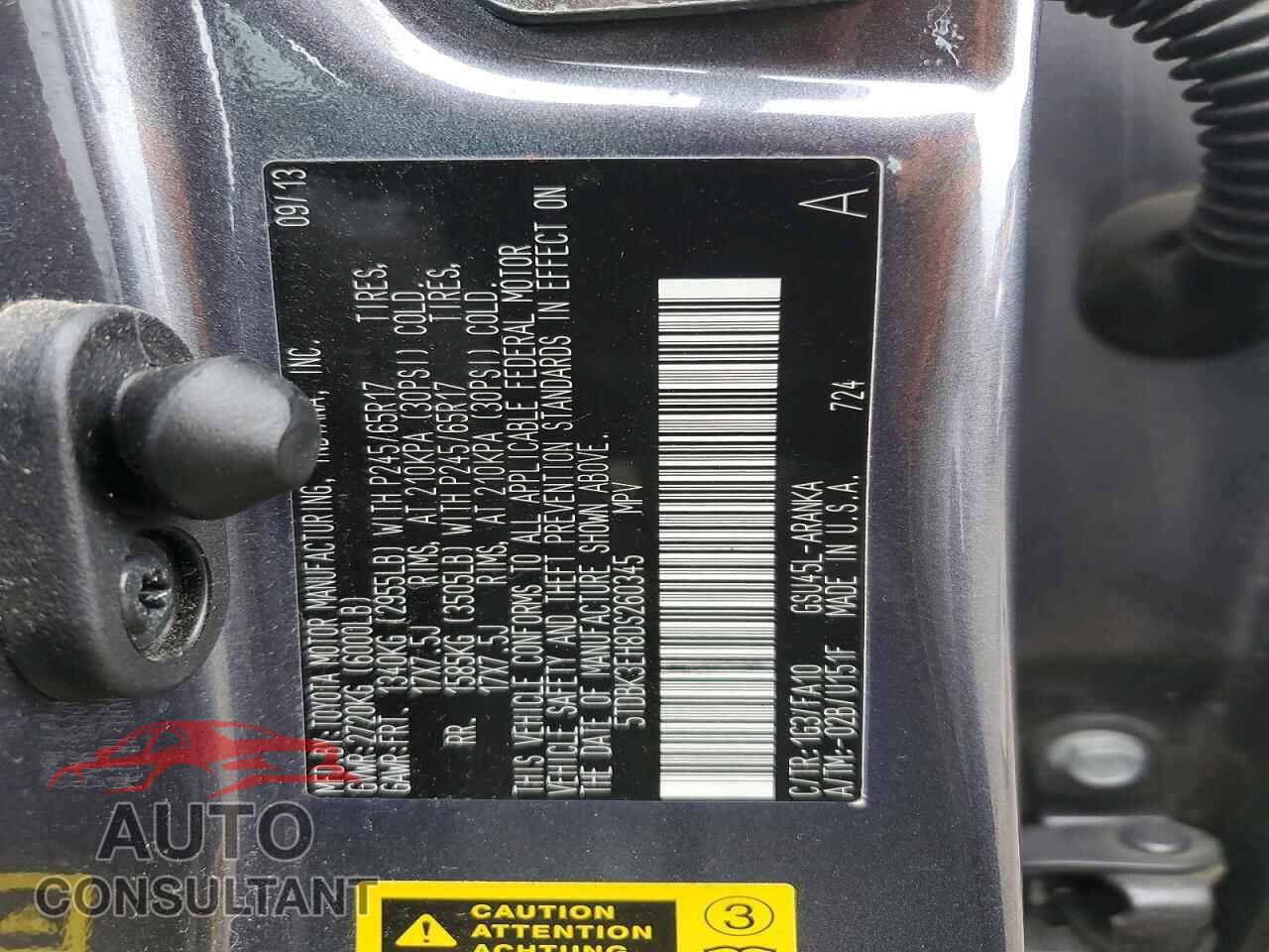 TOYOTA HIGHLANDER 2013 - 5TDBK3EH8DS260345