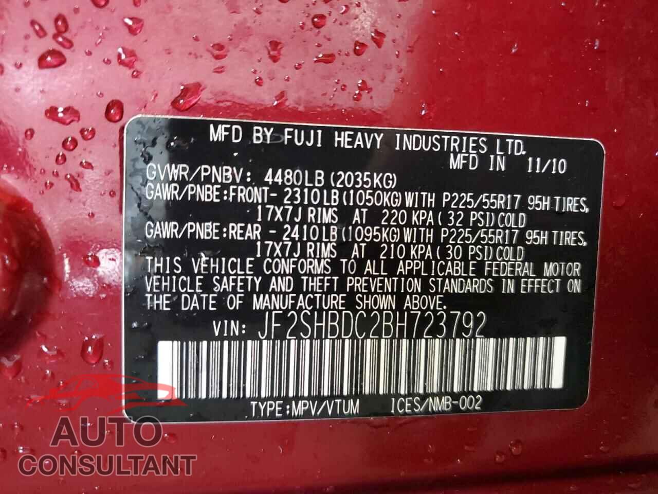 SUBARU FORESTER 2011 - JF2SHBDC2BH723792