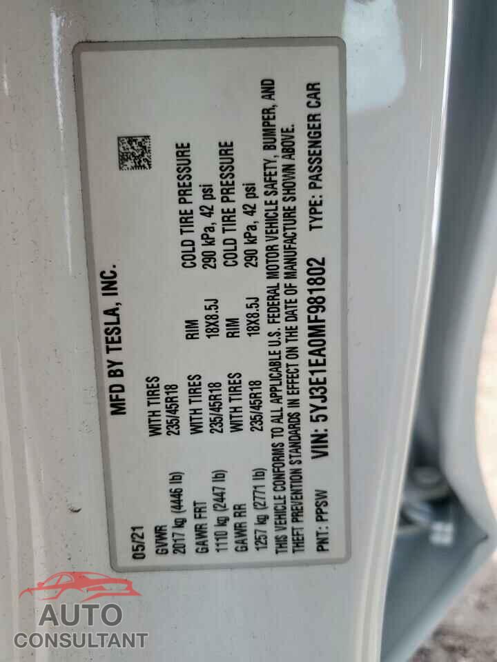 TESLA MODEL 3 2021 - 5YJ3E1EA0MF981802