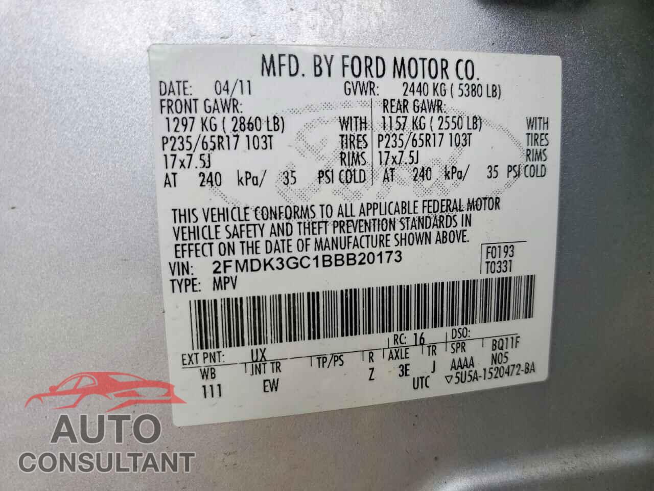 FORD EDGE 2011 - 2FMDK3GC1BBB20173