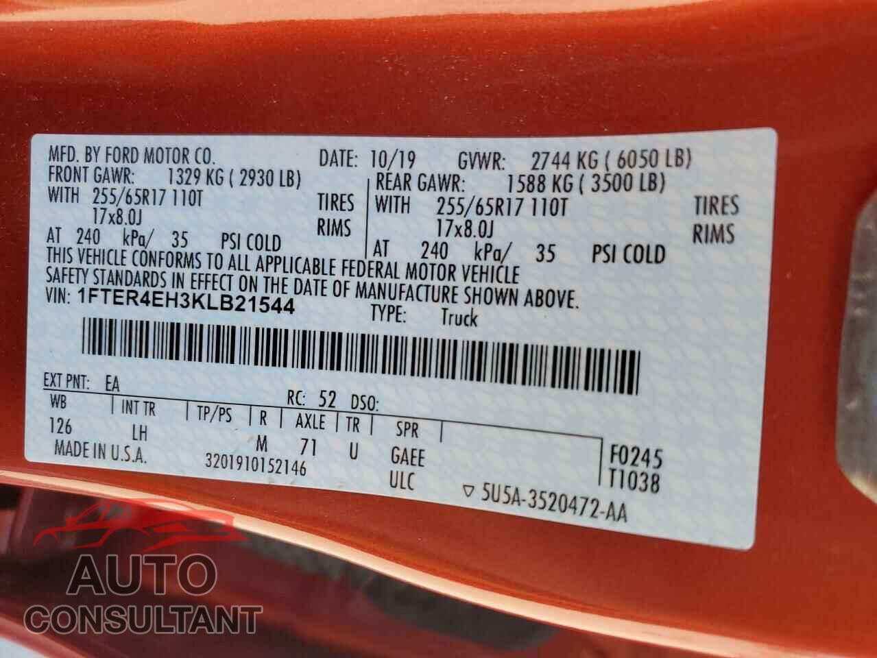 FORD RANGER 2019 - 1FTER4EH3KLB21544